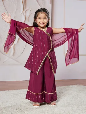 VASTRAMAY Girls' Wine Kurta Set With Dupatta