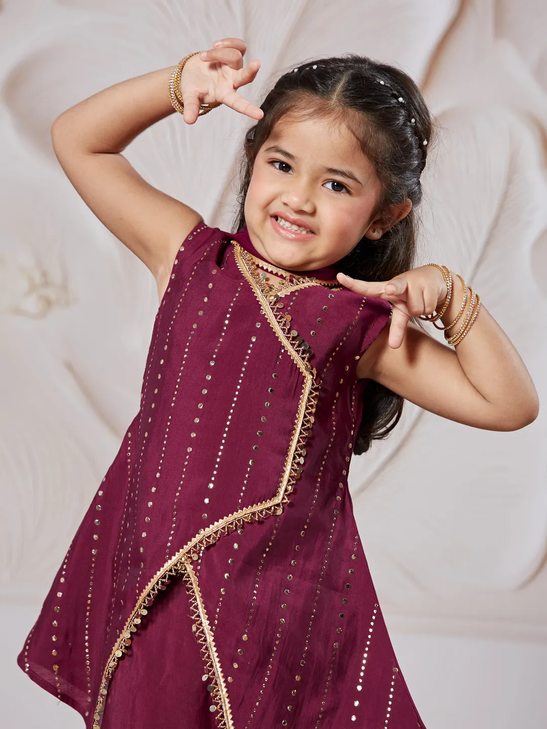 VASTRAMAY Girls' Wine Kurta Set With Dupatta