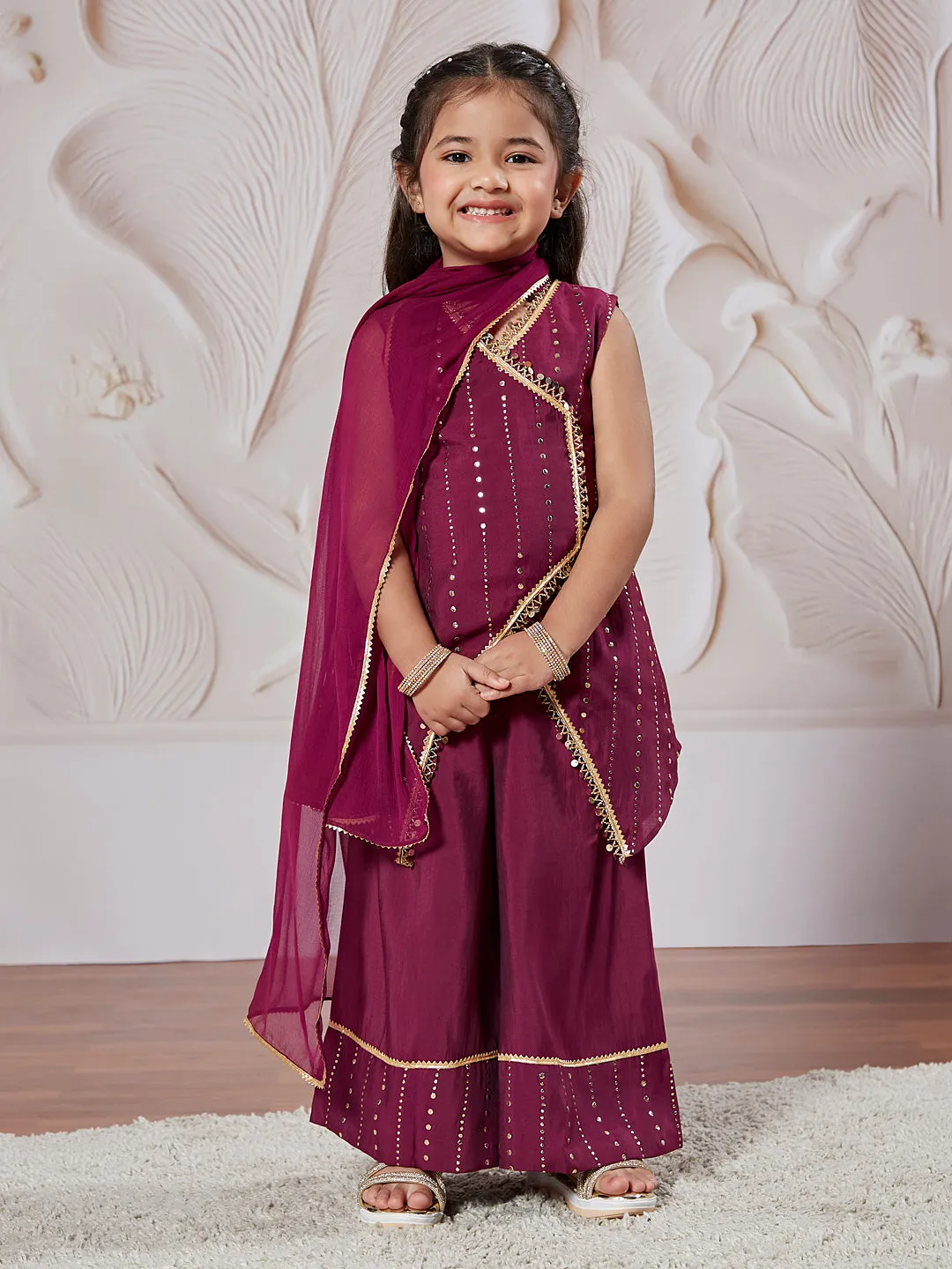 VASTRAMAY Girls' Wine Kurta Set With Dupatta