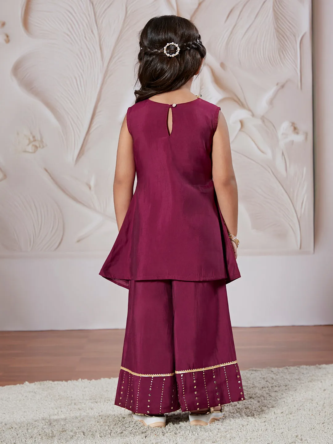 VASTRAMAY Girls' Wine Kurta Set With Dupatta