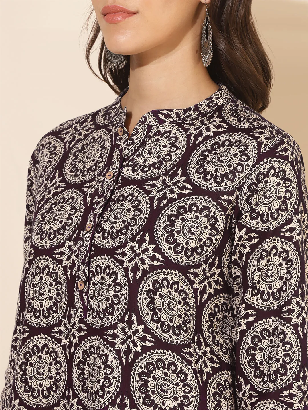 Wine Pure Cotton Ethnic Motifs Printed A-Line Co-Ord Set