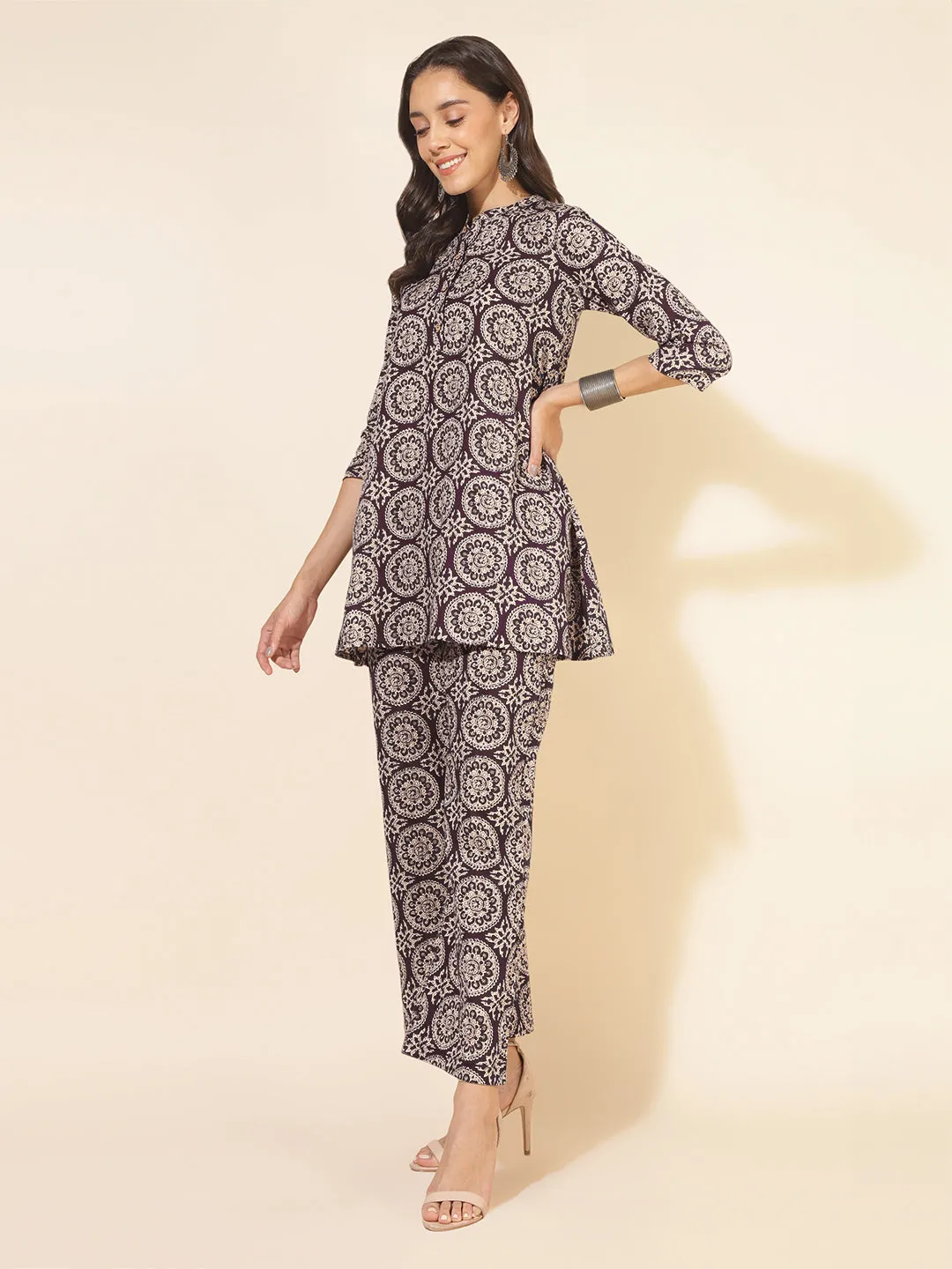 Wine Pure Cotton Ethnic Motifs Printed A-Line Co-Ord Set