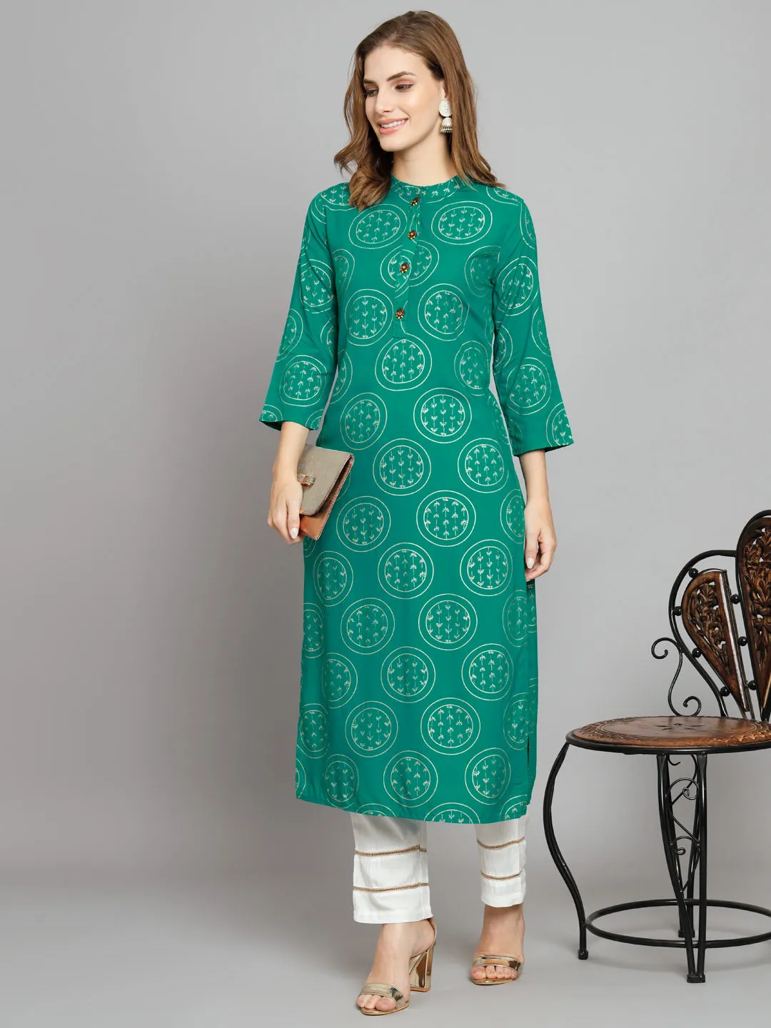 Women's Turquoise Rayon Straight  Kurta Palazzo Set