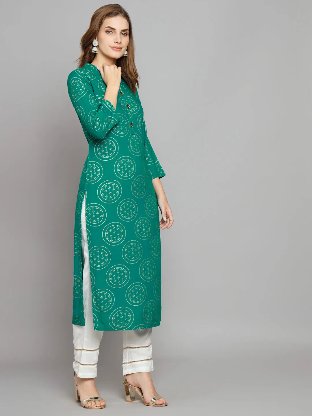 Women's Turquoise Rayon Straight  Kurta Palazzo Set