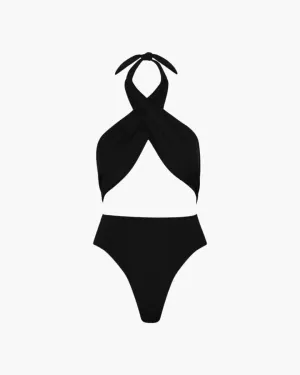 Xylia – Cross-over front – Black one-piece bodysuit