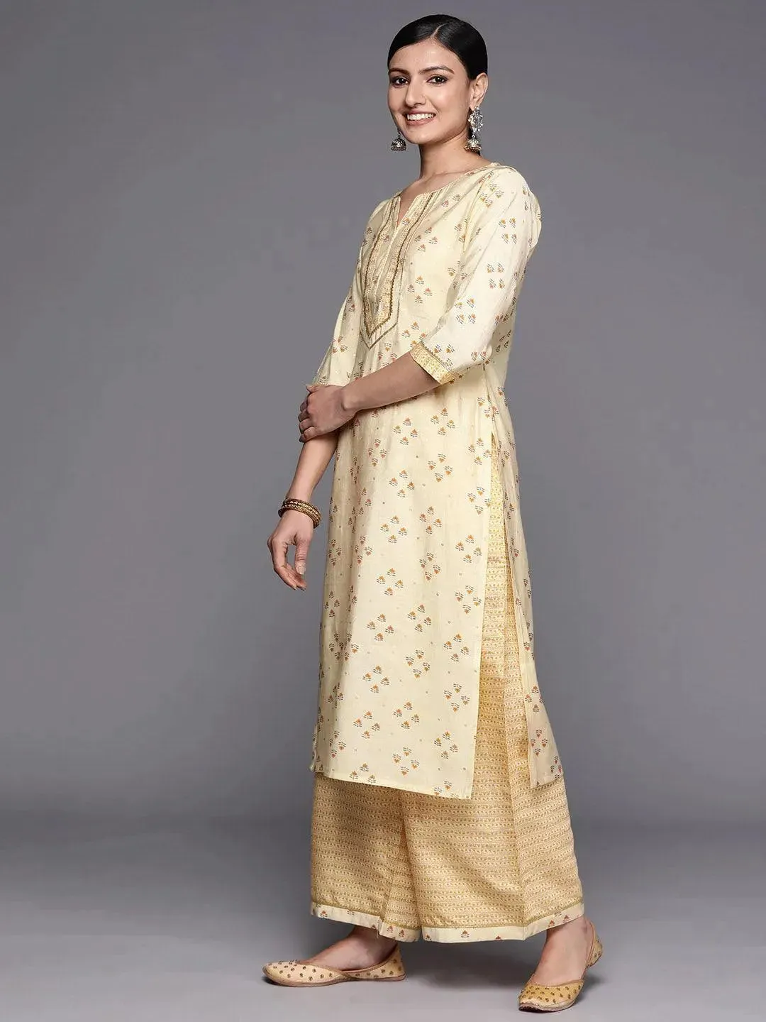 Yellow Printed Silk Blend Straight Kurta With Palazzos