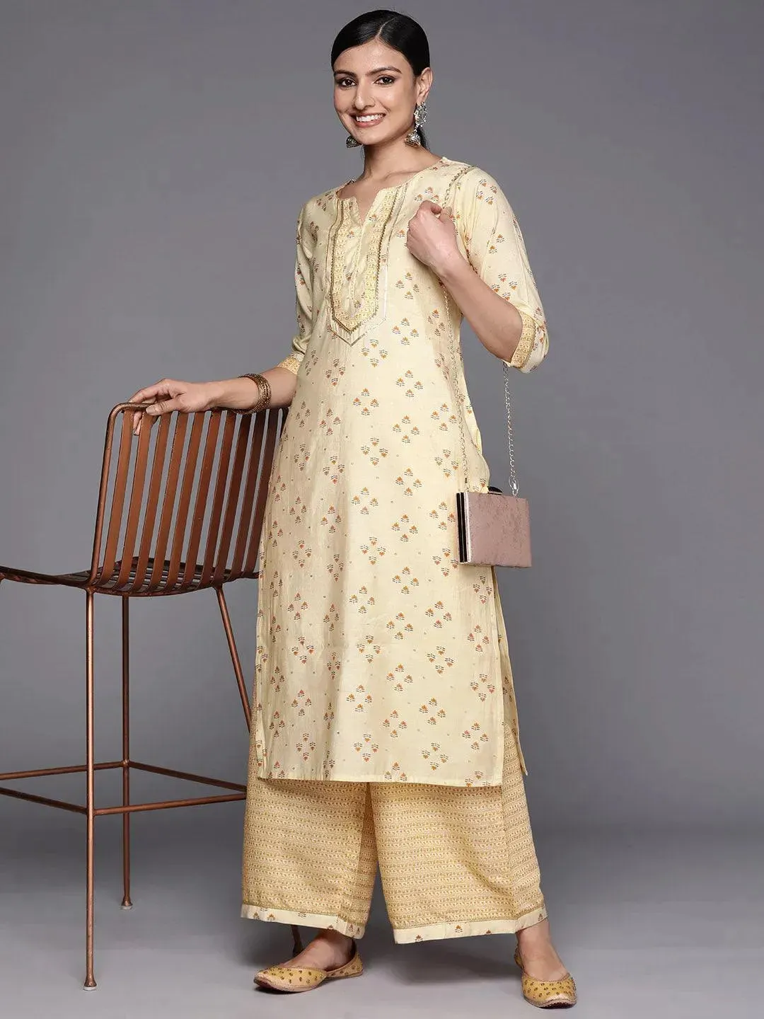 Yellow Printed Silk Blend Straight Kurta With Palazzos