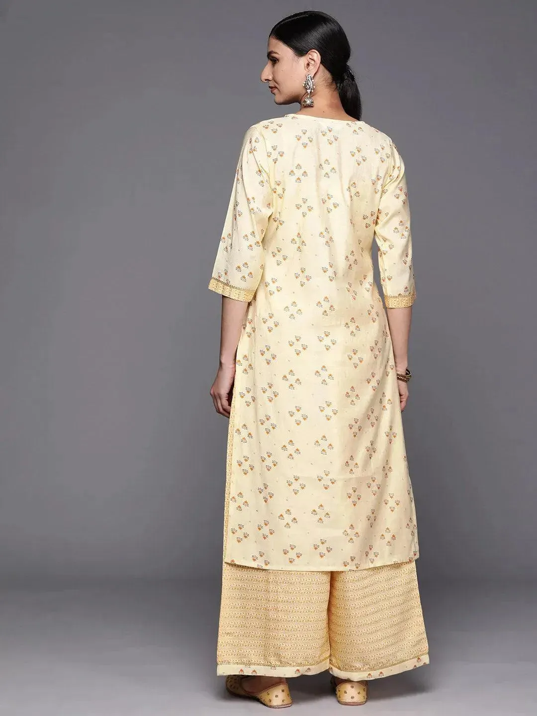 Yellow Printed Silk Blend Straight Kurta With Palazzos